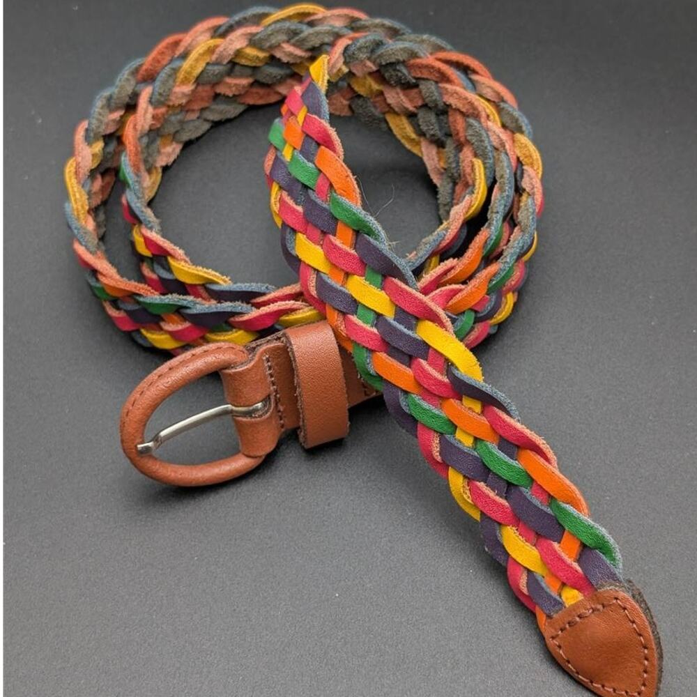 Genuine Leather Braided Belt Unisex M-L Multicolor Metal Buckle Western Vintage